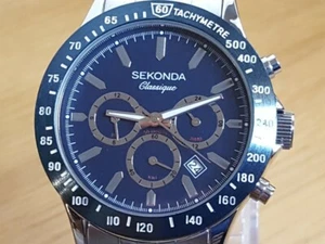 Reloj deportivo cronógrafo clásico azul pizarra oscuro Sekonda Classique pulsera de acero para hombre - Imagen 1 de 8