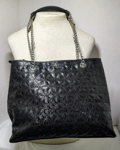 Guess Women's Logo with Chain Handle Satchel Tote Bag Handbag - Black - Picture 1 of 20
