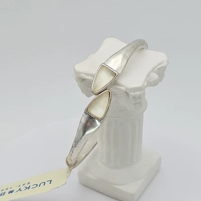 New LUCKY BRAND Cuff Bracelet Shabby Chic Faux Mother Of Pearl Hinge Silver Tone - Image 1 of 4