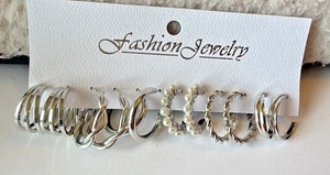 NIP 6 PAIRS OF HOOP SILVER TONE EARRINGS DOUBLE TWISTED LOOP PEARL HOOP TRIPLE C - Picture 1 of 11
