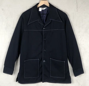 VTG MONTGOMERY WARD Jacket Sz L (42") Blue Pointy Collar USA 70s Pockets Button - Picture 1 of 18