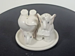 White Porcelain Elephants Salt Pepper Shakers w/ Tray Tumbling Small - Picture 1 of 7