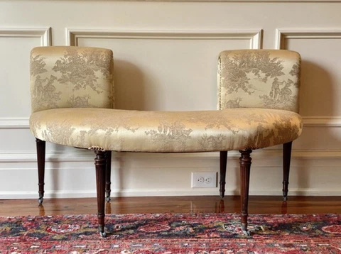 English Regency Curved Upholstered Gold Toile Bench Cover