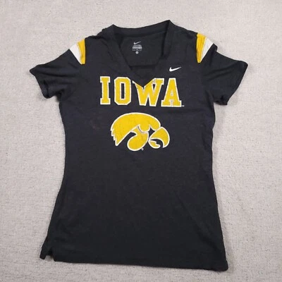 Iowa Hawkeyes Shirt Women's Large V-Neck Black Short Sleeve Logo Nike Grunge - Image 1 of 4