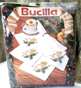 BUCILLA Christmas Music 8 Napkins Stamped Cross Stitch Kit 1992 Vtg #82990 READ - Picture 1 of 3