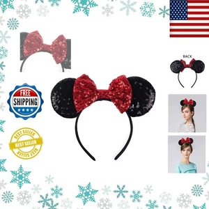 Disney Parks Polka Dot Red Bow Minnie Mickey Mouse Sequin Black Ears Headband US - Picture 1 of 8
