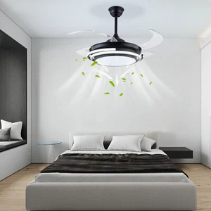 42" Retractable Ceiling Fan Light Black Invisible Timing Ceiling Fan Lamp+Remote - Picture 1 of 24