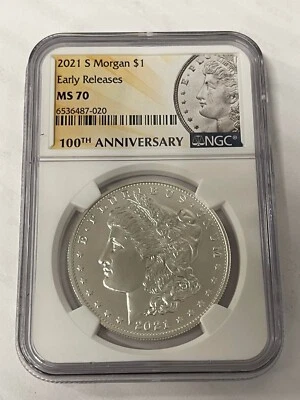 2021-S Morgan Dollar $1 MS70 NGC Early Releases 100th Anniversary - Image 1 of 2