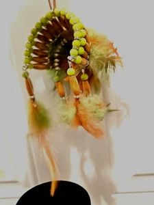 India Hat that hang on the Mirror for decoration green beads and wooded beads: - Picture 1 of 4