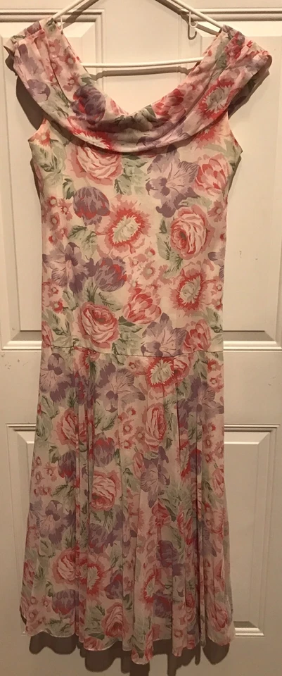Antigo Vestido Chá Floral Feminino Laura Ashley Tamanho EUA 6 Sem Mangas Laço Caída Cintura - Imagem 1 de 4