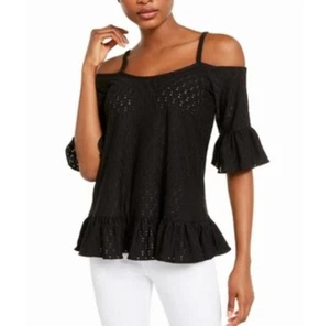Michael Kors Blouse Black Eyelet Cold Shoulder Ruffle Top Size XS LOOSE Fit NWOT - Picture 1 of 5