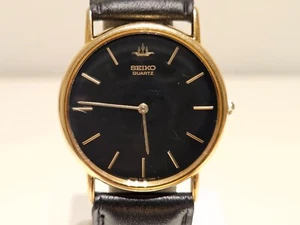 VINTAGE ELEGANT LUXURY BLACK DIAL JAPAN GOLD PLATED MEN'S QUARTZ WATCH "SEIKO" - Picture 1 of 11