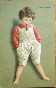 Pfeifenrauchender kleiner Junge 1920 Farblitho Postkarte, "Frechdachs" - Bild 1 von 1