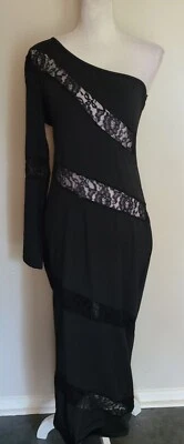 LL  Black Lace One Shoulder Long Junior Dress Size L New - Image 1 of 4