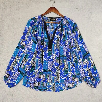 Yumi Kim Blouse Women's Small Blue 100% Silk  Geometric Balloon Sleeve V-Neck - Image 1 of 4