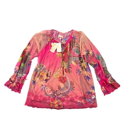 Blusa Campesina Johnny Was Mazzy, Dralion, Dragón Floral Malla Rosa L NUEVA CON ETIQUETAS Foto 1 de 4