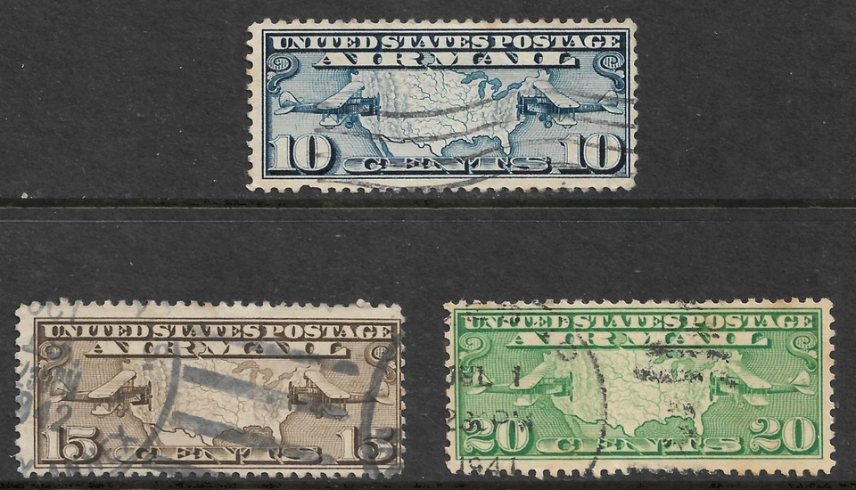 US Stamps #C7-#C9 Set of 3 Map & Planes Issues Air Mail Used F-XF - Image 1 of 1