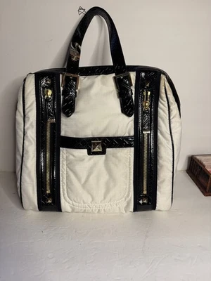 洛杉矶  白色帆布皮革装饰条纹单肩包罕见 Gwen Stefani  — 第 1/4 张图片