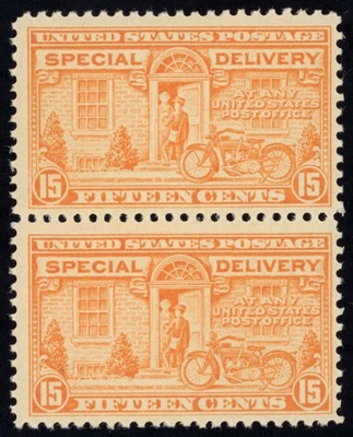 US Scott E13 Mint NH OG pair 15c deep orange Motorcycle Del Lot V105 bhmstamps - Image 1 of 2
