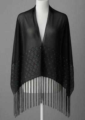 VTG Y2K Black Sheer Beaded Fringe Wrap Shawl Scarf 65”x20” Evening Gothic Boho - Image 1 of 4