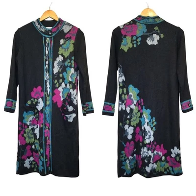 Suéter Cárdigan Largo Jill XS Pequeño Negro Tejido Jacquard Floral Cachicho Foto 1 de 4