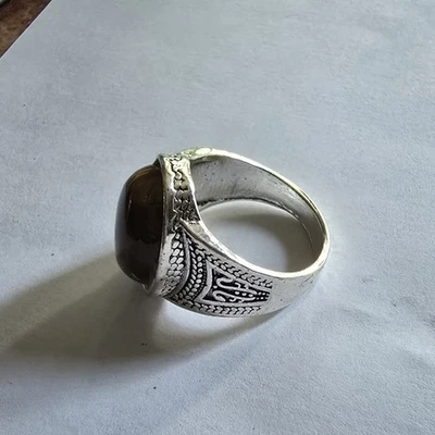 BEZEL SET SMOKEY TOPAZ QUALITY ENGRAVED TITANIUM SILVER MENS NEW SIZE 10 RING - Image 1 of 4