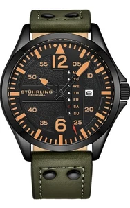 Stuhrling Original Mens Aviation Watch, Leather Band With Steel Rivets - Picture 1 of 6