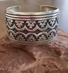 Large Native Sterling Silver Cuff Navajo Tommy Singer Inlay Bracelet SS 70g - Picture 1 of 4