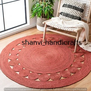 Red Colour Bohemian Round Rug Jute Rug Hand Braided 9 Feet Area Rug - Picture 1 of 3