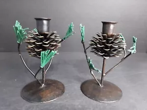 Set Of 2 Metal Pinecone Candlestick Holders Rustic Country Cabin Decor 6 In Tall - Picture 1 of 4