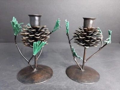 Set Of 2 Metal Pinecone Candlestick Holders Rustic Country Cabin Decor 6 In Tall - Image 1 of 4