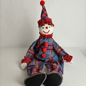 Vintage Handmade Sock Clown Sits On Shelf Red Buttons Blue Flannel - Picture 1 of 5