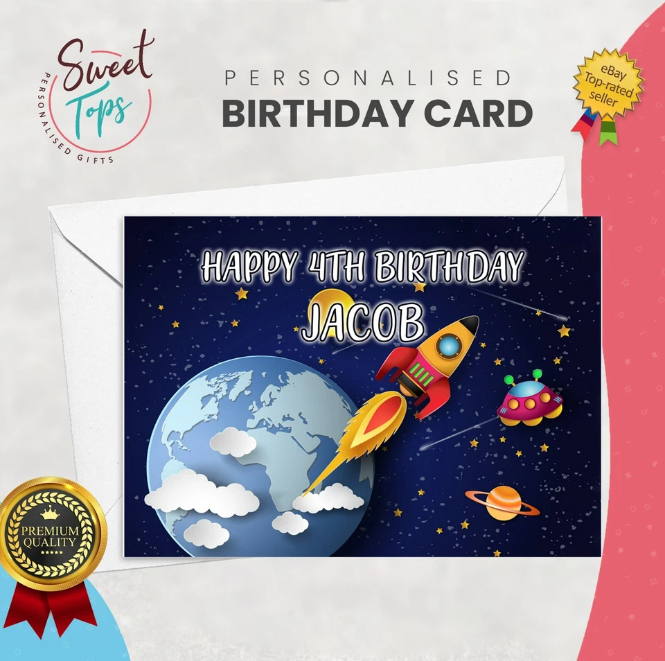 PERSONALISED A5 BIRTHDAY CARD KIDS SPACE THEME | ANY NAME | AGE - Image 1 of 1