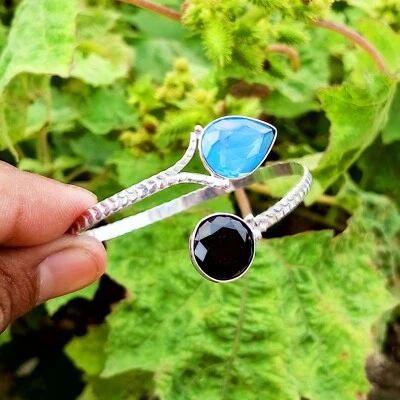 Precioso brazalete ajustable chapado en plata 925 con piedras preciosas de topacio de vidrio facetado Foto 1 de 2