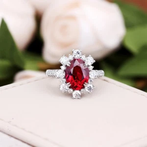 Oval Cut 4.00 Ct Natural Ruby & Diamond Engagement Ring 14K White Gold 7 8 - Picture 1 of 12