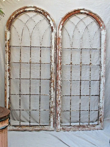 Antique Pr. of Painted Arched Double Doors with Iron 73 1/4" X 58 3/4"  X 1 3/4" Cover