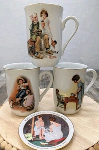 Vtg Norman Rockwell Coffee Cups Set Of Three Plus Small Plate Four Pieces Total - Picture 1 of 24
