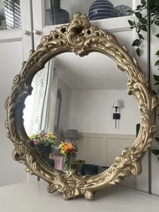 Espejo italiano redondo ornamentado vintage yeso dorado crema floral mediados de siglo pergamino - Imagen 1 de 8