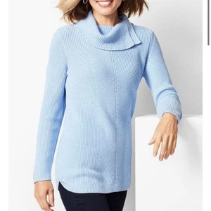Talbots Sweater Size Large Petite Baby Blue Split Cowl Neck Rib Knit Preppy - Picture 1 of 7