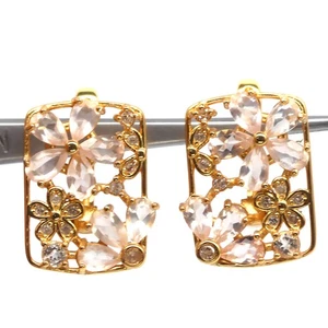 925 Sterling Silver 3 x 5 MM. Rose Quartz & White Zircon Earrings - Picture 1 of 4