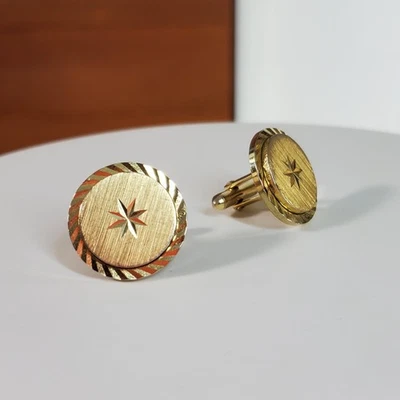 Swank 7/8" Cufflinks Gold Plated Diamond Cut Coin Vintage Formal Wedding Guest - Image 1 of 4