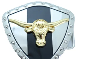 Hombres Hebilla de Cinturón Occidental de Metal Plateado Vaquero Hebilla de Cinturón Occidental Texas Cuerno Solitario Vaca Dorada Toro Informal - Imagen 1 de 12