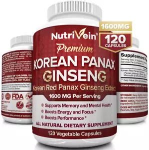 Nutrivein Puro Coreano Rojo Panax Ginseng 1600mg - 120 Cápsulas Veganas - Alto Fuerte - Imagen 1 de 1