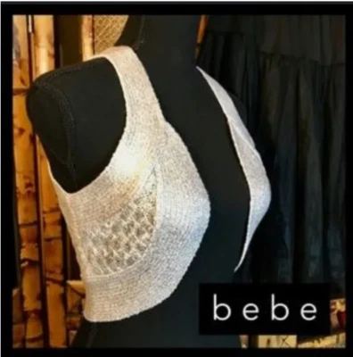 NEW Vintage Y2K BEBE Silver Metallic Crochet Knit Cropped Shrug Vest Medium - Image 1 of 4