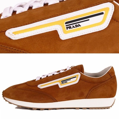 UK 9 US 10 NUOVE PRADA Marrone Scamosciato LOGO GIALLO MILAN 70 'RETRO' SCARPE BASSE TOP