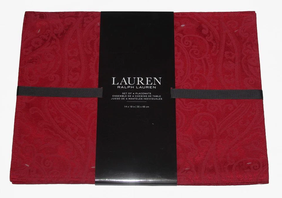 4 manteles individuales Ralph Lauren rojo tono sobre tono damasco cachemir doble cara 14 x 19 Foto 1 de 1