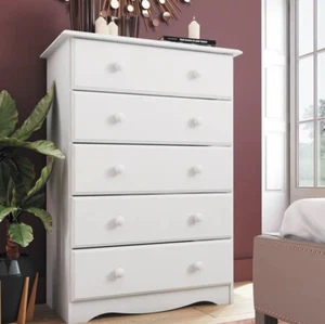 White Finish Wide 5 Drawer Dresser 100% Solid Wood Chest Of Drawers - Picture 1 of 5