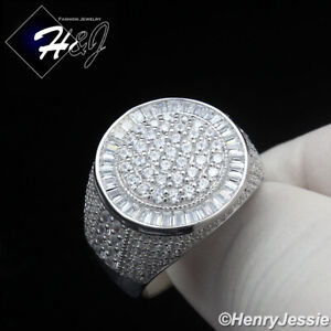 MEN SOLID 925 STERLING SILVER ICY BLING CUBIC ZIRCONIA HIPHOP ROUND RING*SR200