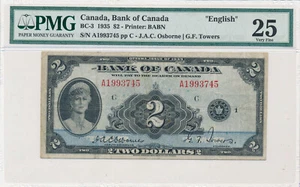 Canada English 2 Dollars 1935 BC-3 A1993745 Osborne-Towers - PMG 25 Very Fine - Picture 1 of 2