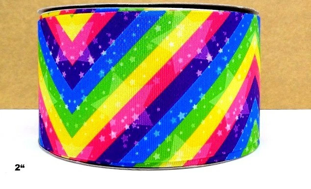 2 INCH Grosgrain Ribbon HAIR BOW SUPPLY WHOLESALE Rainbow Stripes and stars - Image 1 of 1
